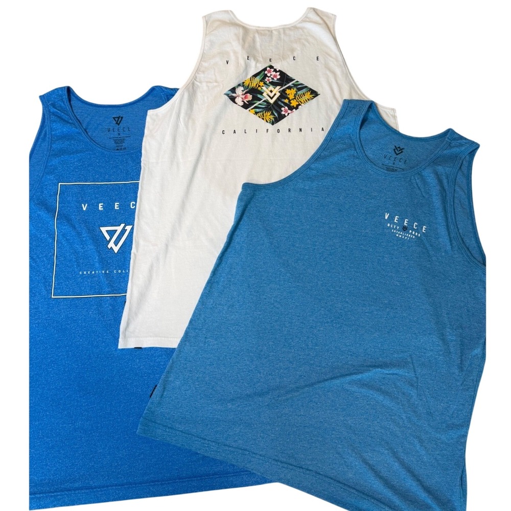 Veece Mens Graphic Tank Top Bundle Set of 3 Blue White Small Floral Surf Beach